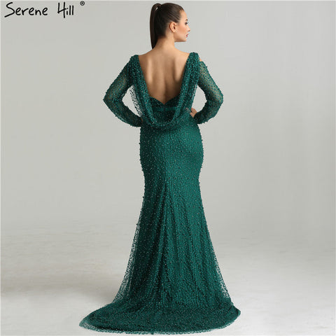 Green Elegant Mermaid Evening Dresses Gowns 2025 Backless Beaded Pearls Luxury For Women Party LA6340