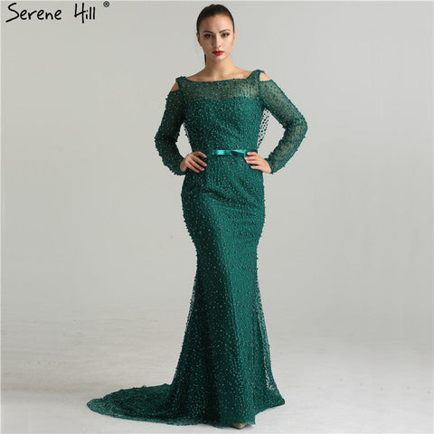 Green Elegant Mermaid Evening Dresses Gowns 2025 Backless Beaded Pearls Luxury For Women Party LA6340