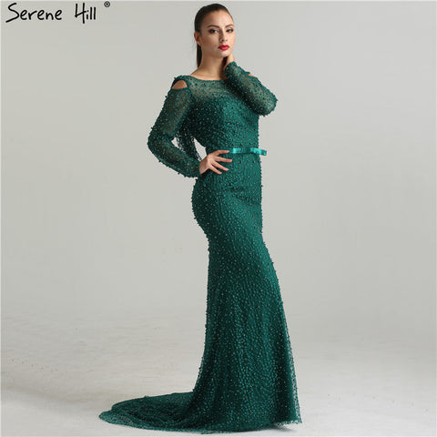 Green Elegant Mermaid Evening Dresses Gowns 2025 Backless Beaded Pearls Luxury For Women Party LA6340