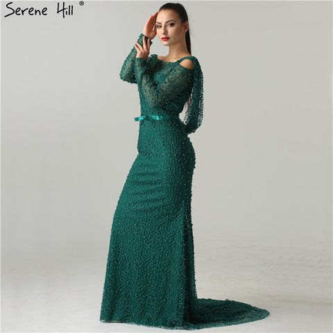 Green Elegant Mermaid Evening Dresses Gowns 2025 Backless Beaded Pearls Luxury For Women Party LA6340