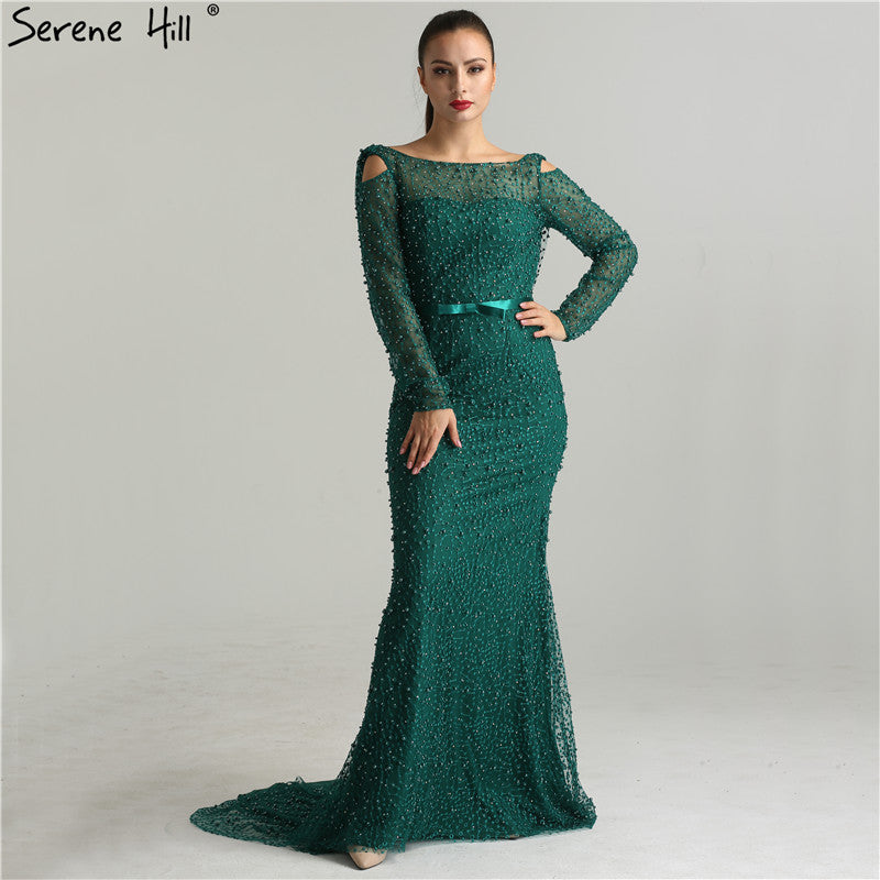 Green Elegant Mermaid Evening Dresses Gowns 2025 Backless Beaded Pearls Luxury For Women Party LA6340
