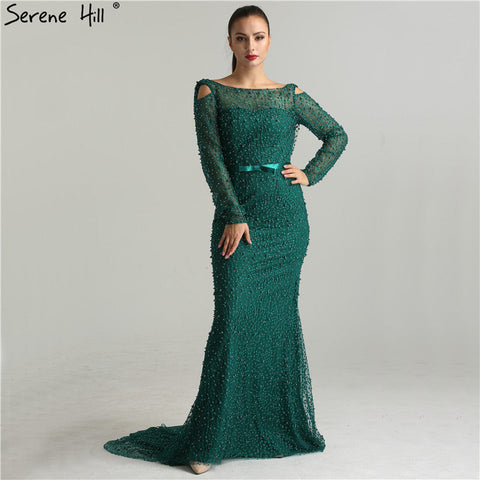 Green Elegant Mermaid Evening Dresses Gowns 2025 Backless Beaded Pearls Luxury For Women Party LA6340