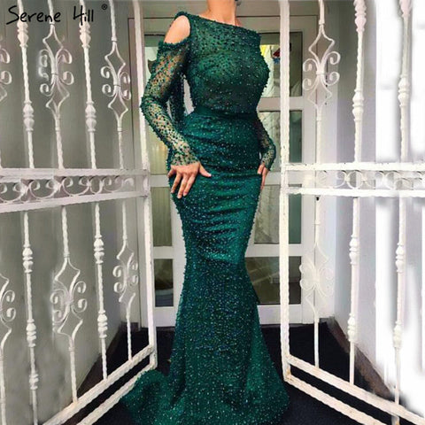 Green Elegant Mermaid Evening Dresses Gowns 2025 Backless Beaded Pearls Luxury For Women Party LA6340