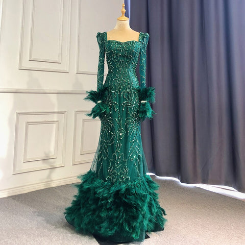 Green Elegant Mermaid Evening Dresses Gowns 2025 Beaded Feather Luxury For Women Party LA71576