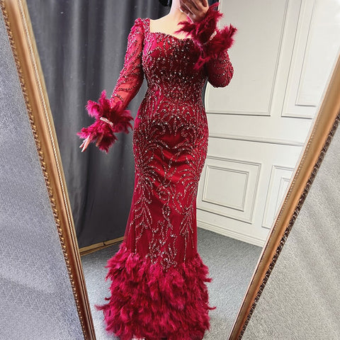 Green Elegant Mermaid Evening Dresses Gowns 2025 Beaded Feather Luxury For Women Party LA71576