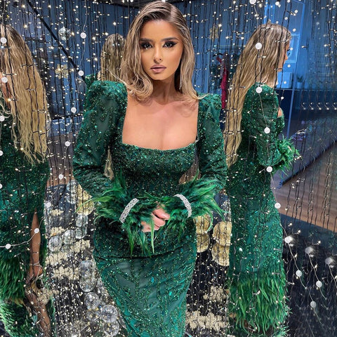 Green Elegant Mermaid Evening Dresses Gowns 2025 Beaded Feather Luxury For Women Party LA71576
