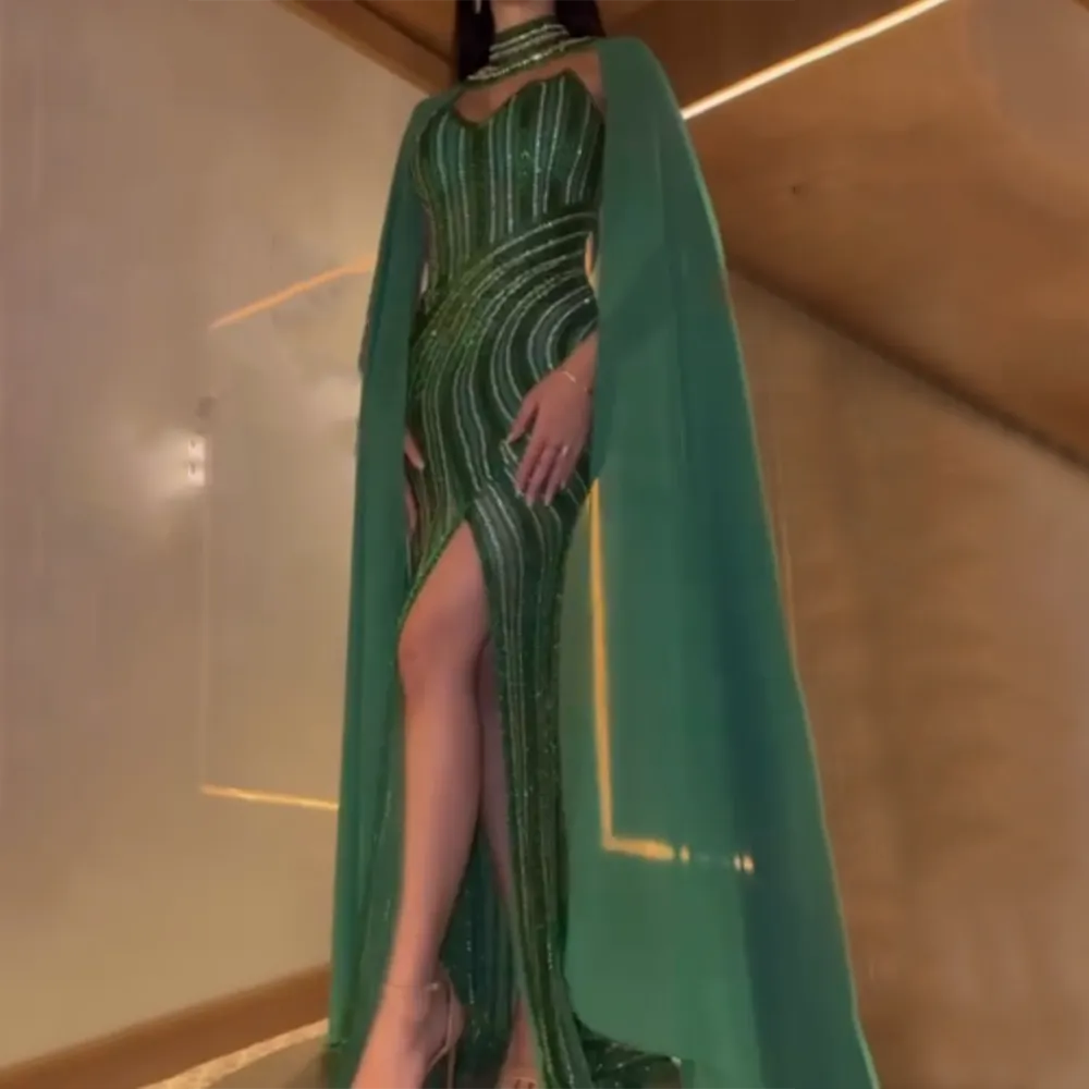 Green Elegant Mermaid Luxury Evening Dresses Gowns 2025 High Split With Cape Sleeves Beaded For Women Party LA72073