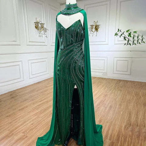Green Elegant Mermaid Luxury Evening Dresses Gowns 2025 High Split With Cape Sleeves Beaded For Women Party LA72073