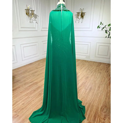 Green Elegant Mermaid Luxury Evening Dresses Gowns 2025 High Split With Cape Sleeves Beaded For Women Party LA72073