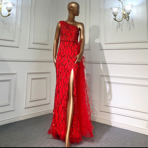 Green Elegant Mermaid Sexy One Shouder Split Evening Dresse Gowns Luxury Beaded Feathers 2025 Women Party LA70829