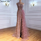 Green Elegant Mermaid Sexy One Shouder Split Evening Dresse Gowns Luxury Beaded Feathers 2025 Women Party LA70829