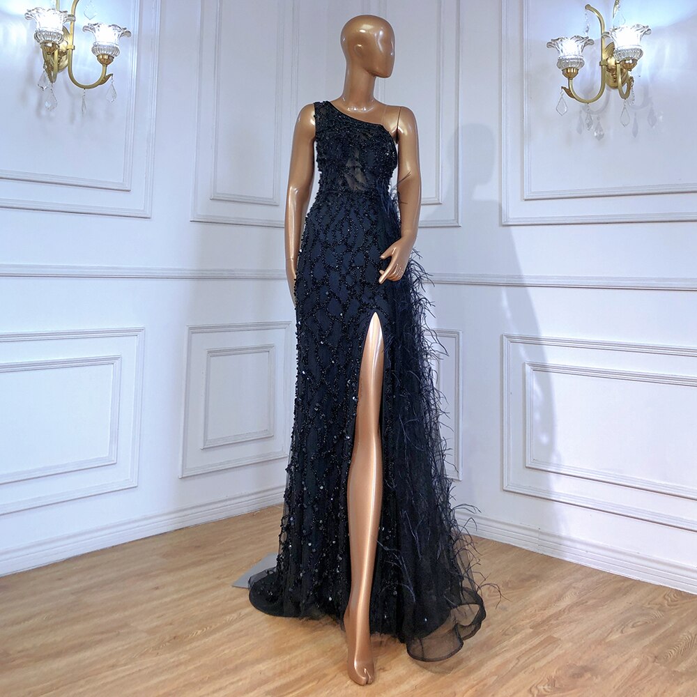 Green Elegant Mermaid Sexy One Shouder Split Evening Dresse Gowns Luxury Beaded Feathers 2025 Women Party LA70829