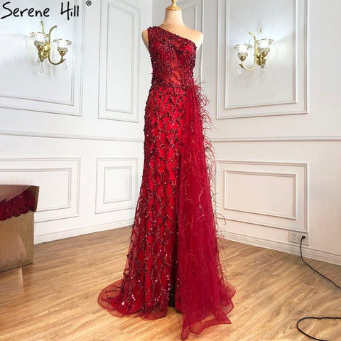 Green Elegant Mermaid Sexy One Shouder Split Evening Dresse Gowns Luxury Beaded Feathers 2025 Women Party LA70829