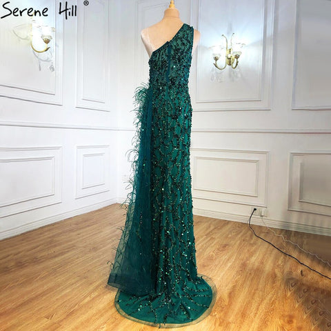 Green Elegant Mermaid Sexy One Shouder Split Evening Dresse Gowns Luxury Beaded Feathers 2025 Women Party LA70829