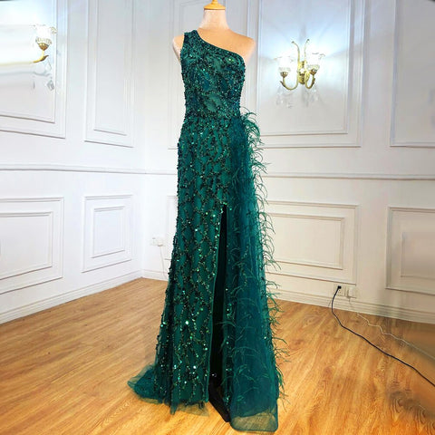 Green Elegant Mermaid Sexy One Shouder Split Evening Dresse Gowns Luxury Beaded Feathers 2025 Women Party LA70829