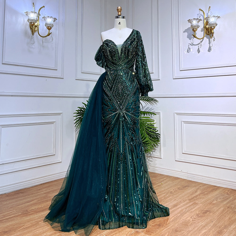 Green Elegant Mermaid Sexy One Shoulder Puff Long Sleeves Beaded Evening Dresses Gowns For Women Party LA72000