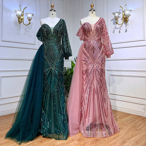 Green Elegant Mermaid Sexy One Shoulder Puff Long Sleeves Beaded Evening Dresses Gowns For Women Party LA72000