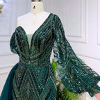 Green Elegant Mermaid Sexy One Shoulder Puff Long Sleeves Beaded Evening Dresses Gowns For Women Party LA72000