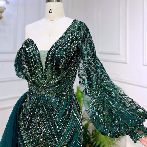 Green Elegant Mermaid Sexy One Shoulder Puff Long Sleeves Beaded Evening Dresses Gowns For Women Party LA72000