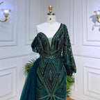 Green Elegant Mermaid Sexy One Shoulder Puff Long Sleeves Beaded Evening Dresses Gowns For Women Party LA72000