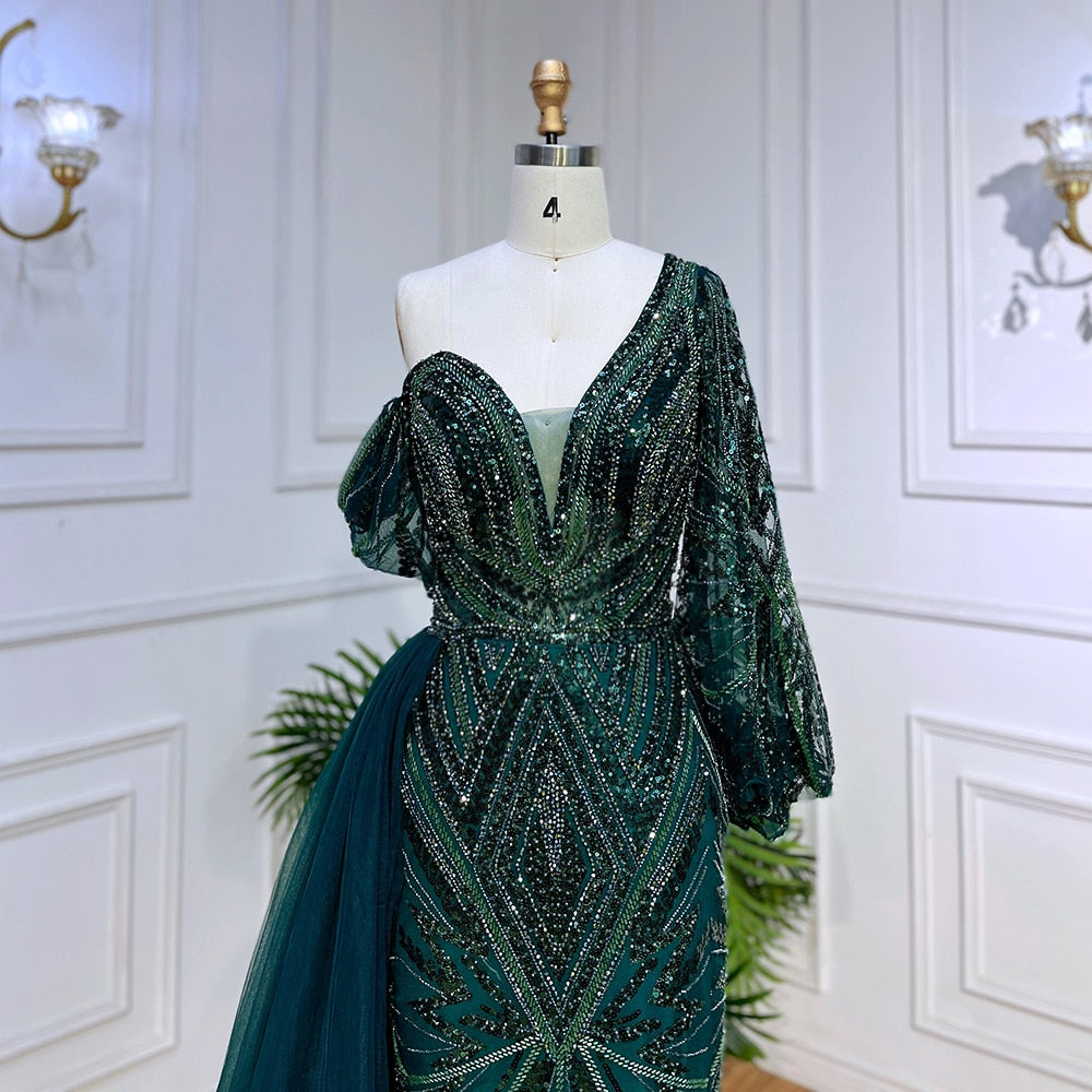 Green Elegant Mermaid Sexy One Shoulder Puff Long Sleeves Beaded Evening Dresses Gowns For Women Party LA72000