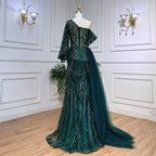 Green Elegant Mermaid Sexy One Shoulder Puff Long Sleeves Beaded Evening Dresses Gowns For Women Party LA72000