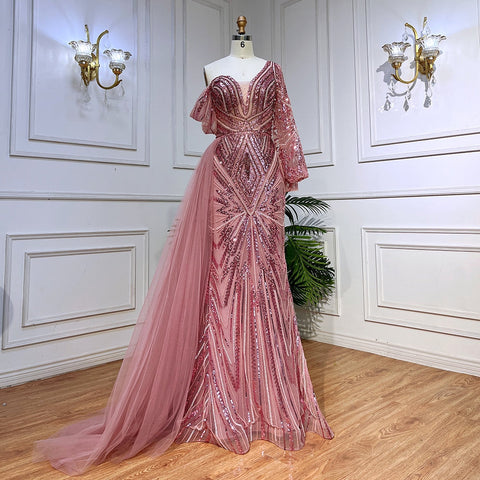 Green Elegant Mermaid Sexy One Shoulder Puff Long Sleeves Beaded Evening Dresses Gowns For Women Party LA72000