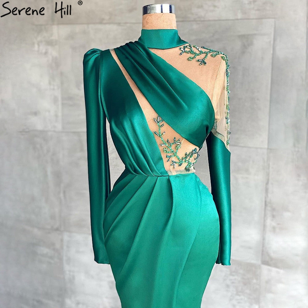 Green High Split Evening Dresses Gowns 2025 Satin Beading Mermaid Elegant For Women Party LA71034
