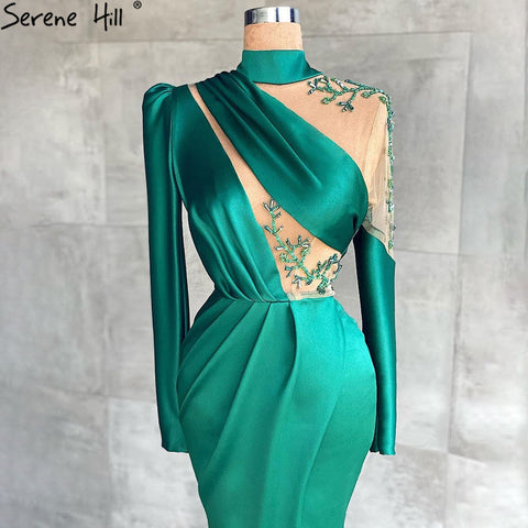 Green High Split Evening Dresses Gowns 2025 Satin Beading Mermaid Elegant For Women Party LA71034