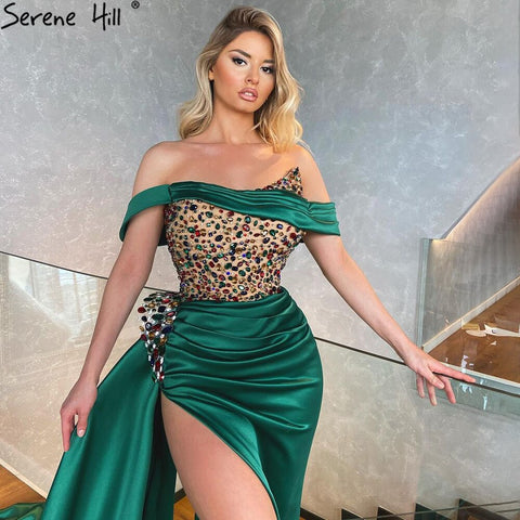 Green High Split Stain Evening Dresses Gowns 2025 Beaded Elegant Mermaid For Women Party LA71254