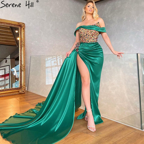 Green High Split Stain Evening Dresses Gowns 2025 Beaded Elegant Mermaid For Women Party LA71254