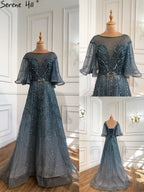 Green Long Flare Sleeves Evening Dresses Gowns 2025 A-Line Luxury Beading For Women Party LA70822
