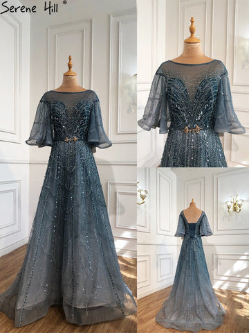 Green Long Flare Sleeves Evening Dresses Gowns 2025 A-Line Luxury Beading For Women Party LA70822