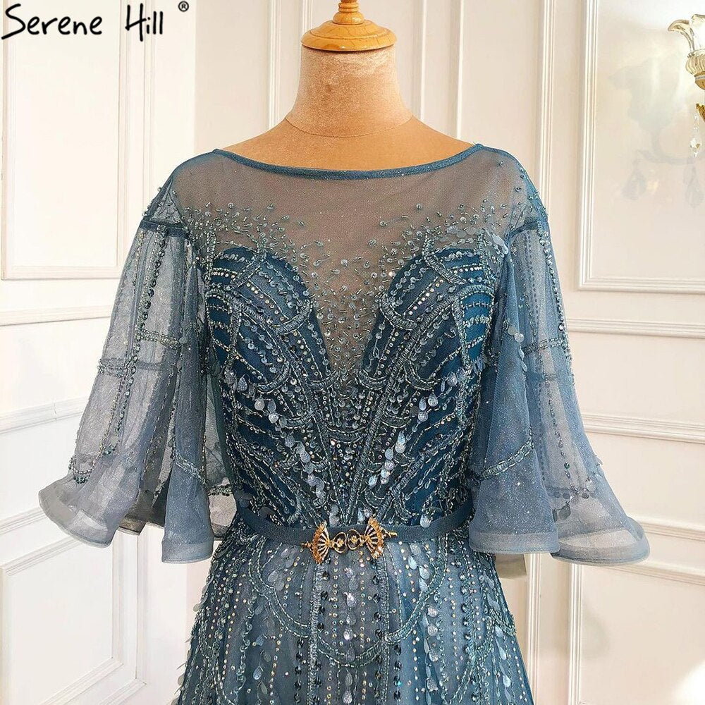 Green Long Flare Sleeves Evening Dresses Gowns 2025 A-Line Luxury Beading For Women Party LA70822