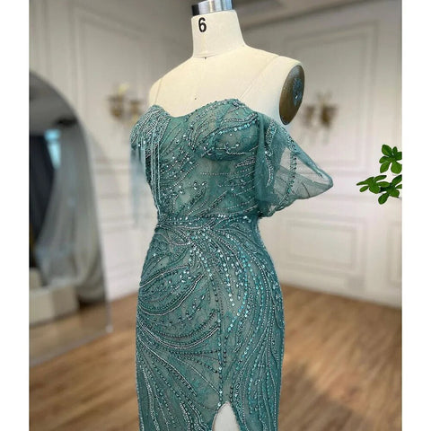 Green Luxury Mermaid Evening Dresses Gowns 2025 Cap Sleeves Beaded Elegant For Women Party LA71438