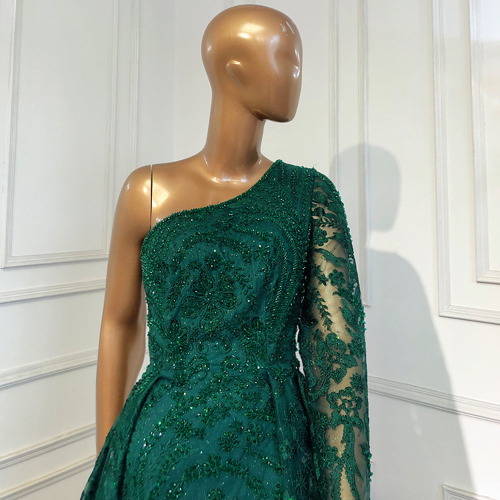 Green Luxury One Shoulder Evening Dresses Gowns 2025 Beaded Mermaid Elegant Overskirt For Women Party LA71607