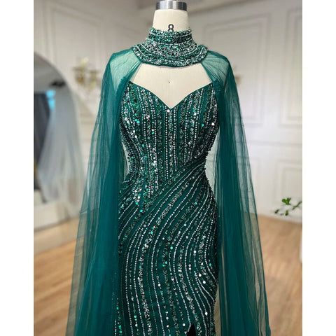 Green Mermaid Arabic Evening Dresses Gowns Split With Cape Sleeves Beaded 2025 For Women Wedding Party LA72073A