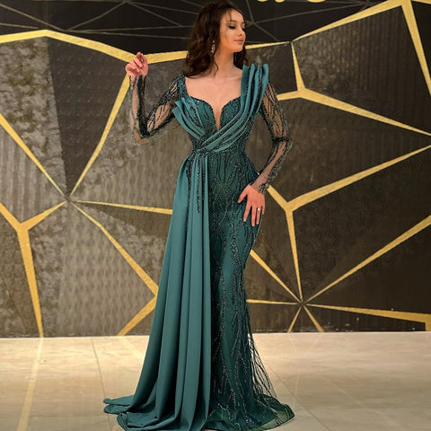 Green Mermaid Beaded Evening Dresses Gowns 2025 Luxury Elegant Satin For Women Party LA71860