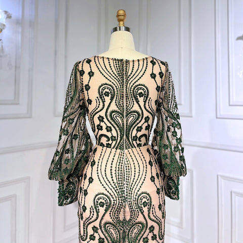 Green Mermaid Elegant Puff Sleeves Lace Beaded Luxury Evening Dresses Gowns For Women Muslim Party 2025 LA71840