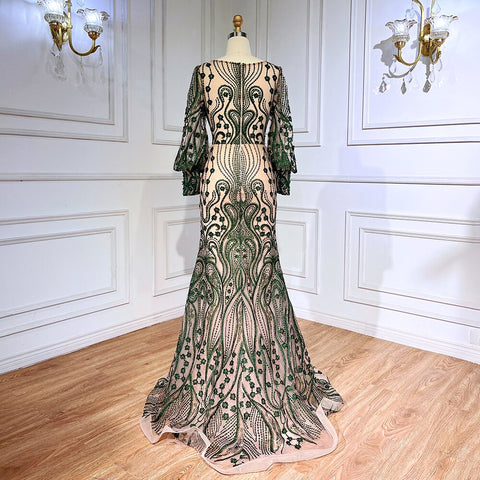Green Mermaid Elegant Puff Sleeves Lace Beaded Luxury Evening Dresses Gowns For Women Muslim Party 2025 LA71840