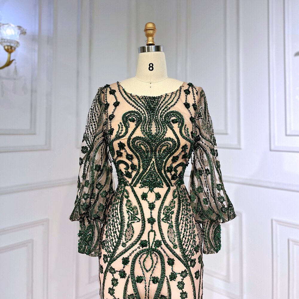 Green Mermaid Elegant Puff Sleeves Lace Beaded Luxury Evening Dresses Gowns For Women Muslim Party 2025 LA71840