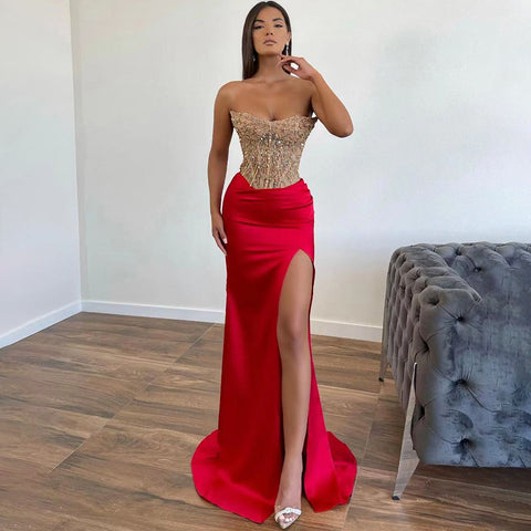 Green Mermaid Elegant Sexy High Split Satin Strapless Evening Dresses Gowns Beaded 2025 For Women Party LA71731