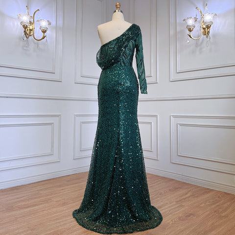 Green Mermaid Elegant Sexy One-Shoulder Luxury Pearls Beaded Evening Dresses Gowns  2025 For Women Party LA71717