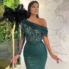 Green Mermaid Elegant Sexy One-Shoulder Luxury Pearls Beaded Evening Dresses Gowns  2025 For Women Party LA71717