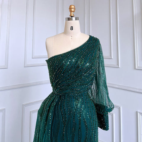 Green Mermaid Elegant Sexy One Shoulder Puff Sleeves Luxury Beaded Evening Dresses Gowns For Women Party LA71772