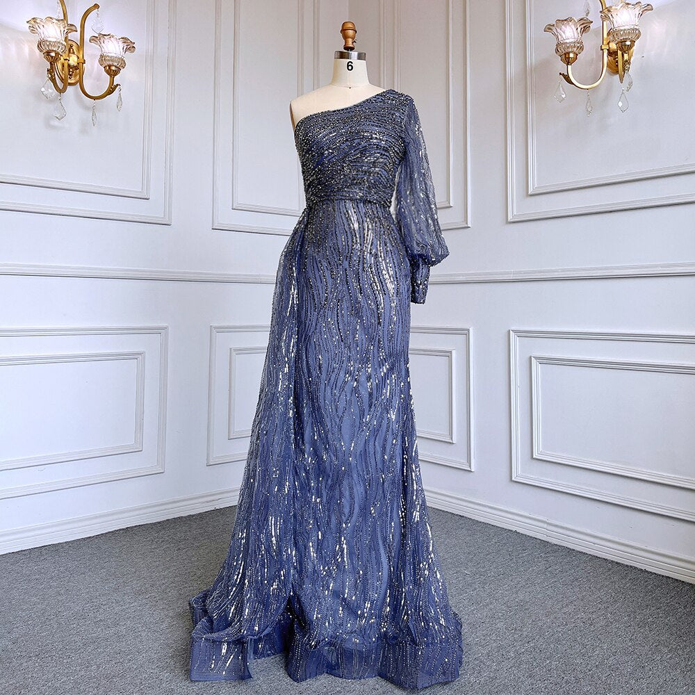 Green Mermaid Elegant Sexy One Shoulder Puff Sleeves Luxury Beaded Evening Dresses Gowns For Women Party LA71772
