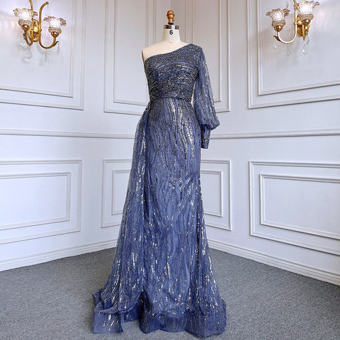 Green Mermaid Elegant Sexy One Shoulder Puff Sleeves Luxury Beaded Evening Dresses Gowns For Women Party LA71772