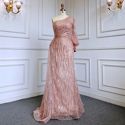 Green Mermaid Elegant Sexy One Shoulder Puff Sleeves Luxury Beaded Evening Dresses Gowns For Women Party LA71772