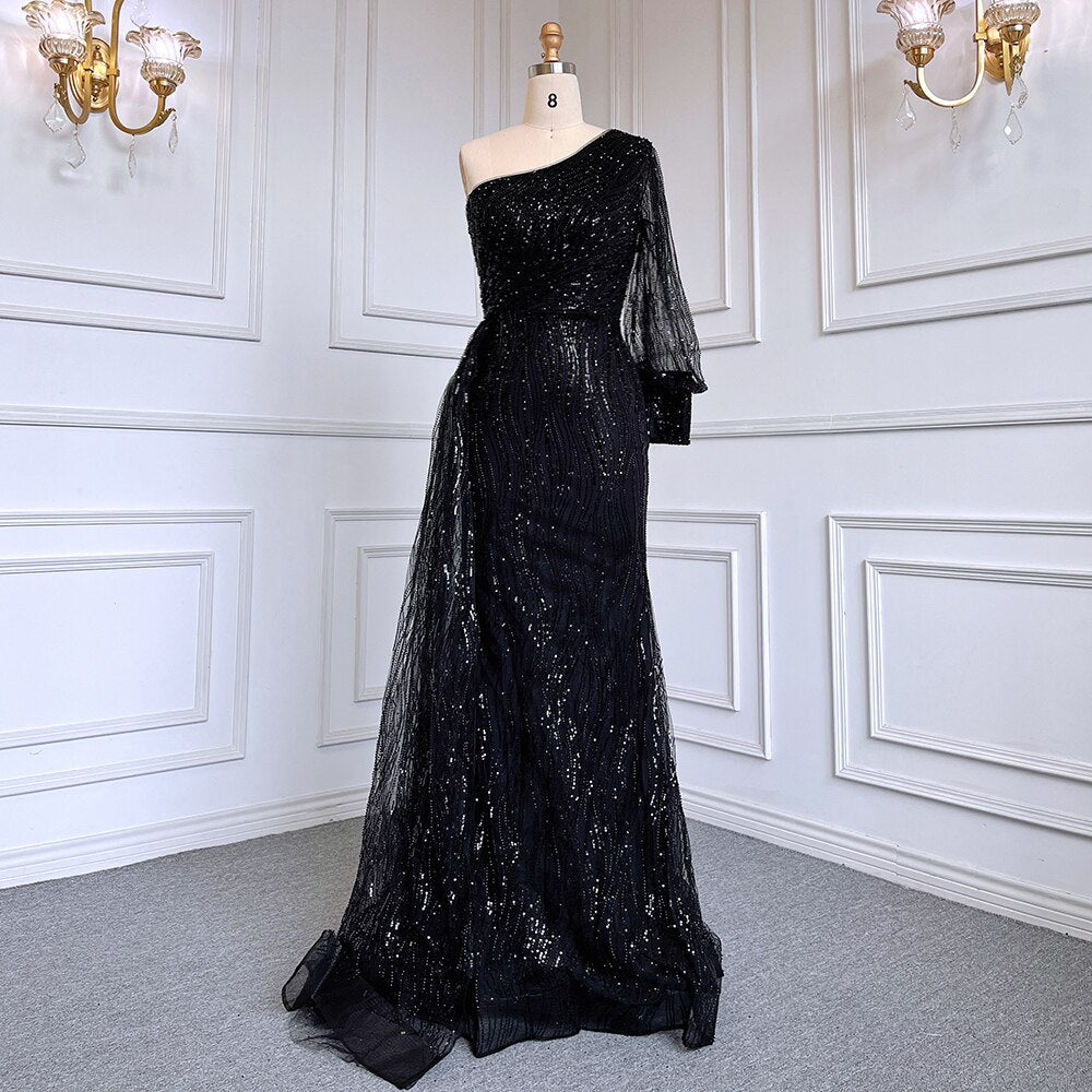 Green Mermaid Elegant Sexy One Shoulder Puff Sleeves Luxury Beaded Evening Dresses Gowns For Women Party LA71772