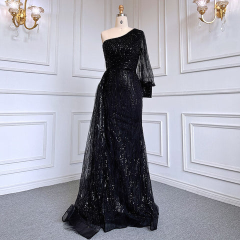 Green Mermaid Elegant Sexy One Shoulder Puff Sleeves Luxury Beaded Evening Dresses Gowns For Women Party LA71772